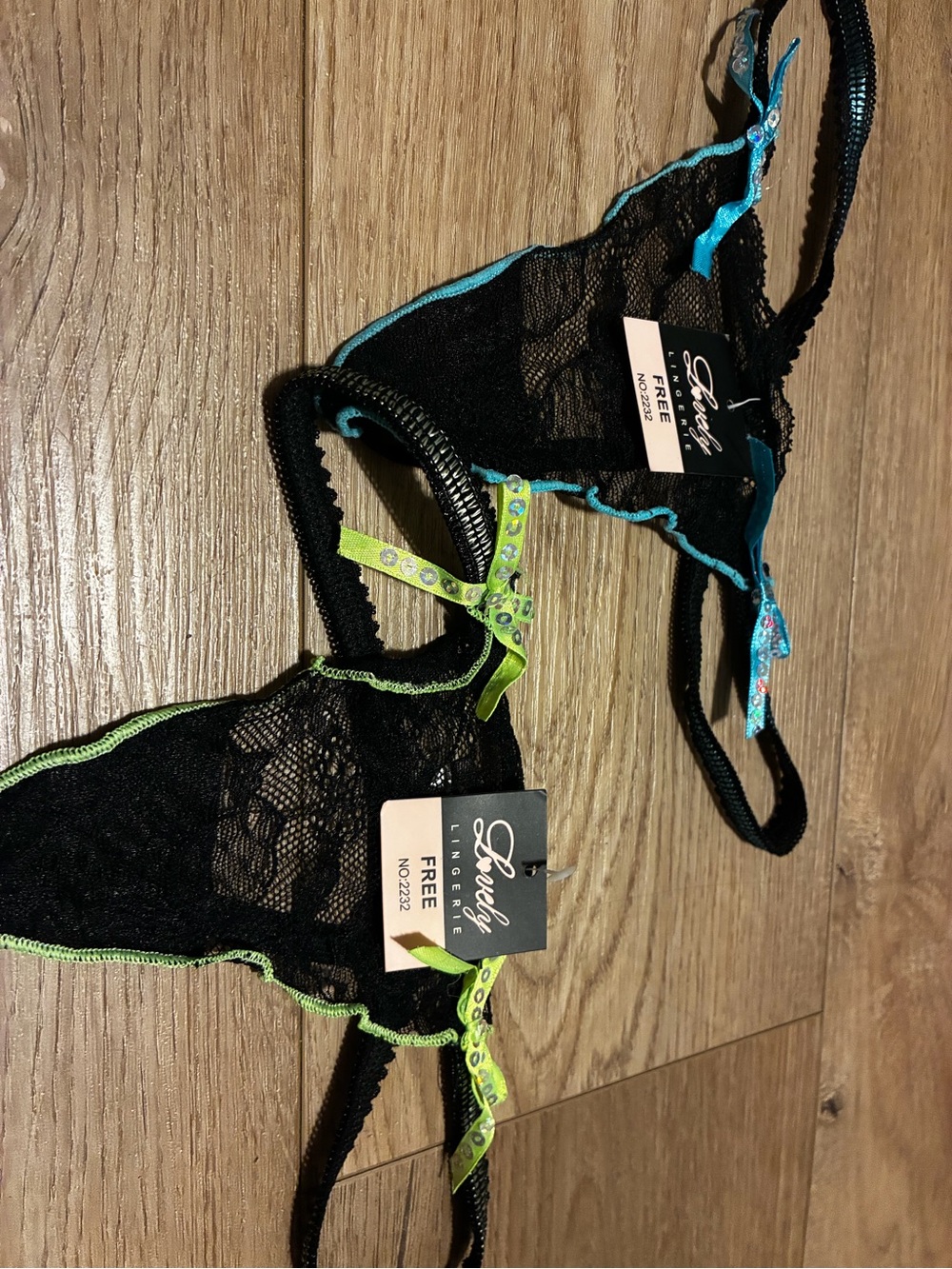 Black Lace Thong with Green Accent
